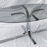 Oval glass coffee table smoked glass chromed metal