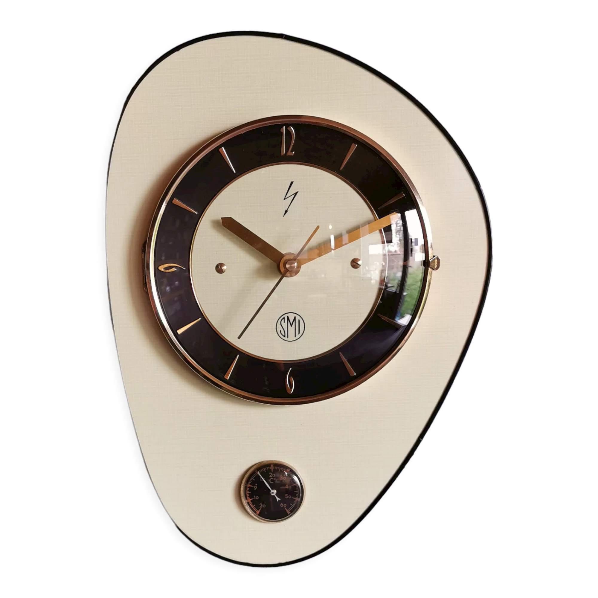 Vintage formica clock asymmetrical silent wall clock "SMI yellow black"