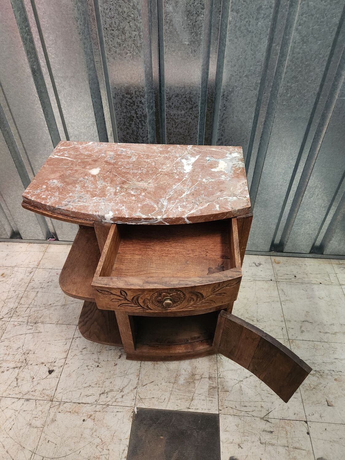 Old bedside table in wood and marble
