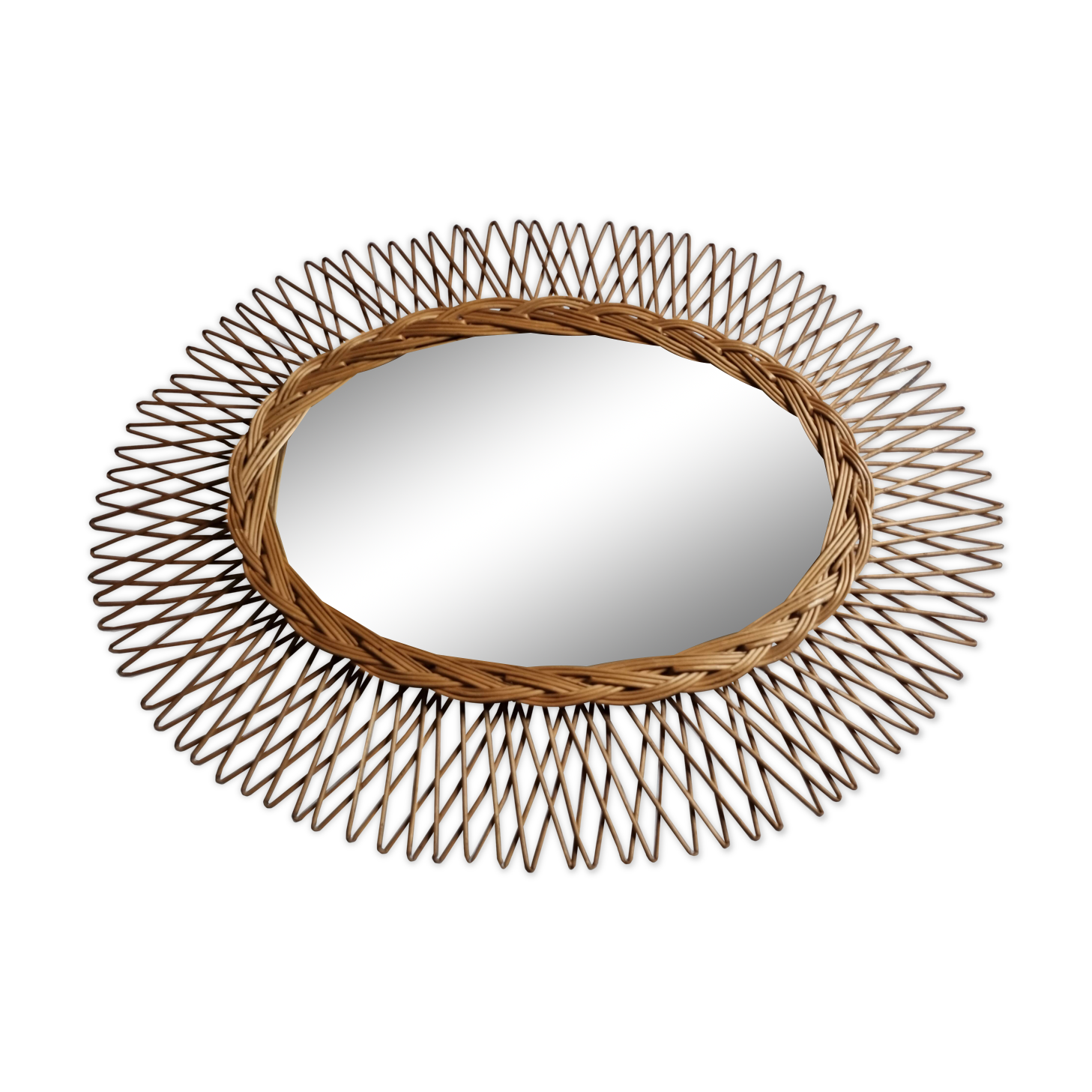 Original vintage rattan mirror, oval shape, 70 cm