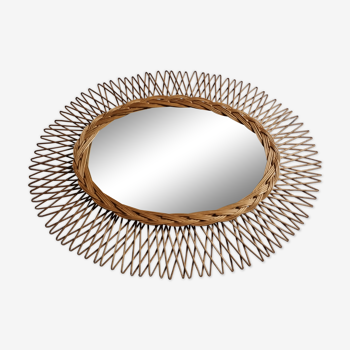 Original vintage rattan mirror, oval shape, 70 cm