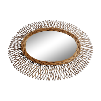 Original vintage rattan mirror, oval shape, 70 cm