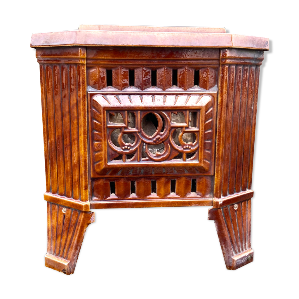 Pôele a bois ancien rosières fonte émaillée brun cognac design rétro — free download