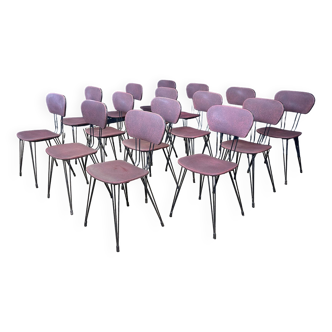 Set of 15 retro burgundy leatherette chairs with black metal Eiffel legs from the 1950s