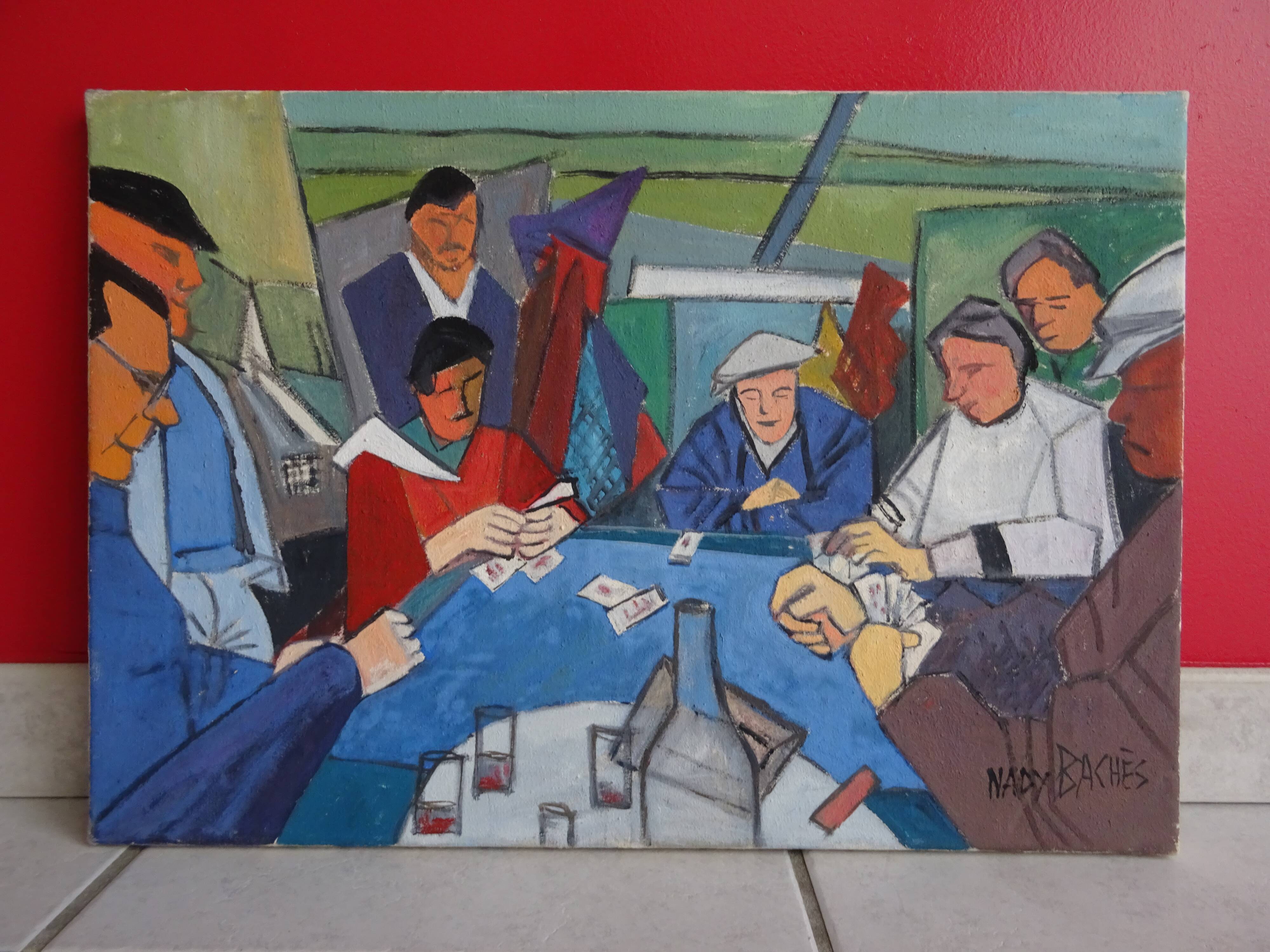 Painting The Card Players Canvas signed Nady Bachès year 60/70