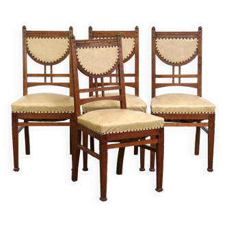 Set of 4 antique design dining chairs, Jugendstil/Art Nouveau style, light skai leather upholstery