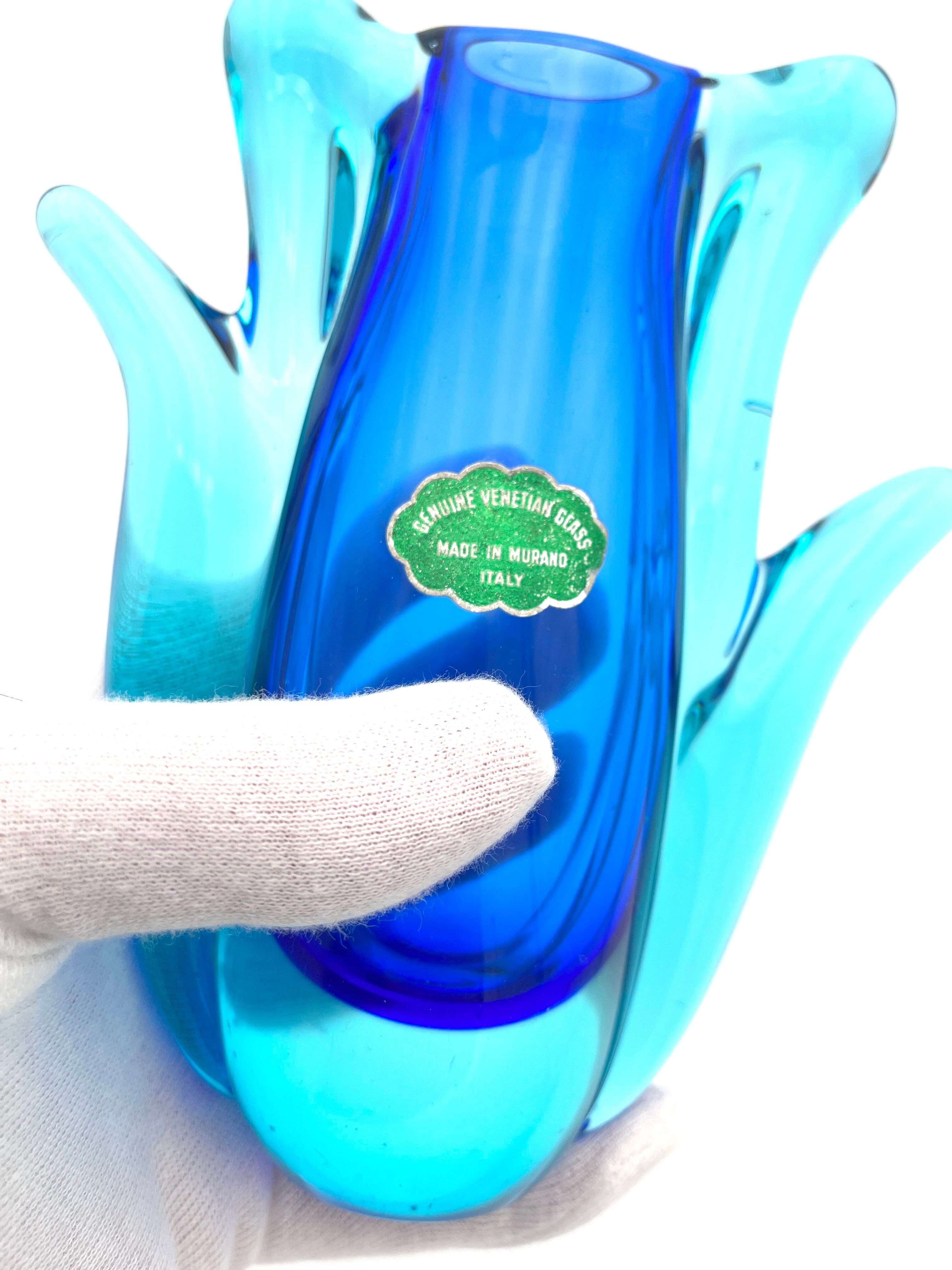 Vase Murano - Sommerso -Tulipe Organique - Bleu Cobalt et Lagon - 1960