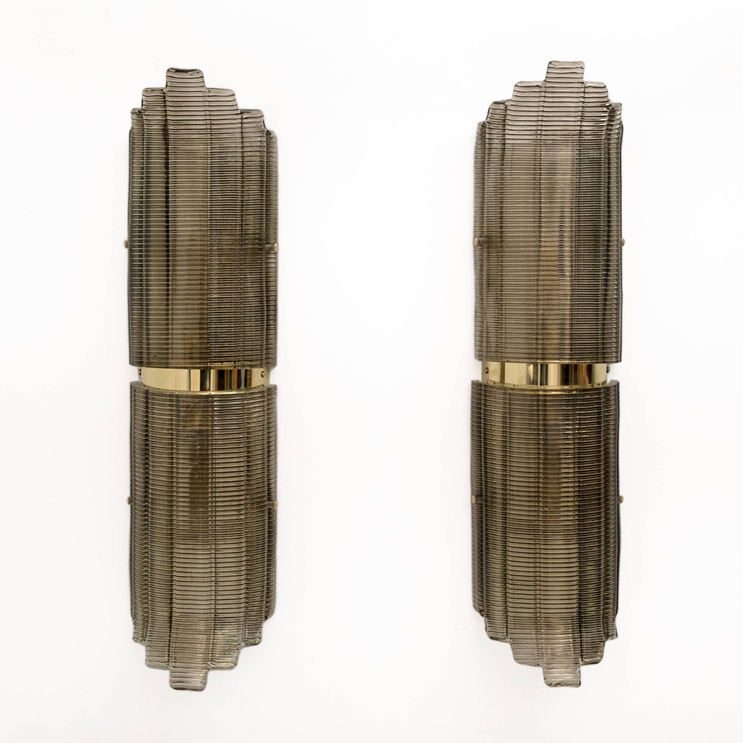 Pair of Large Art Deco Style Murano Glass Textured Wall Sconces