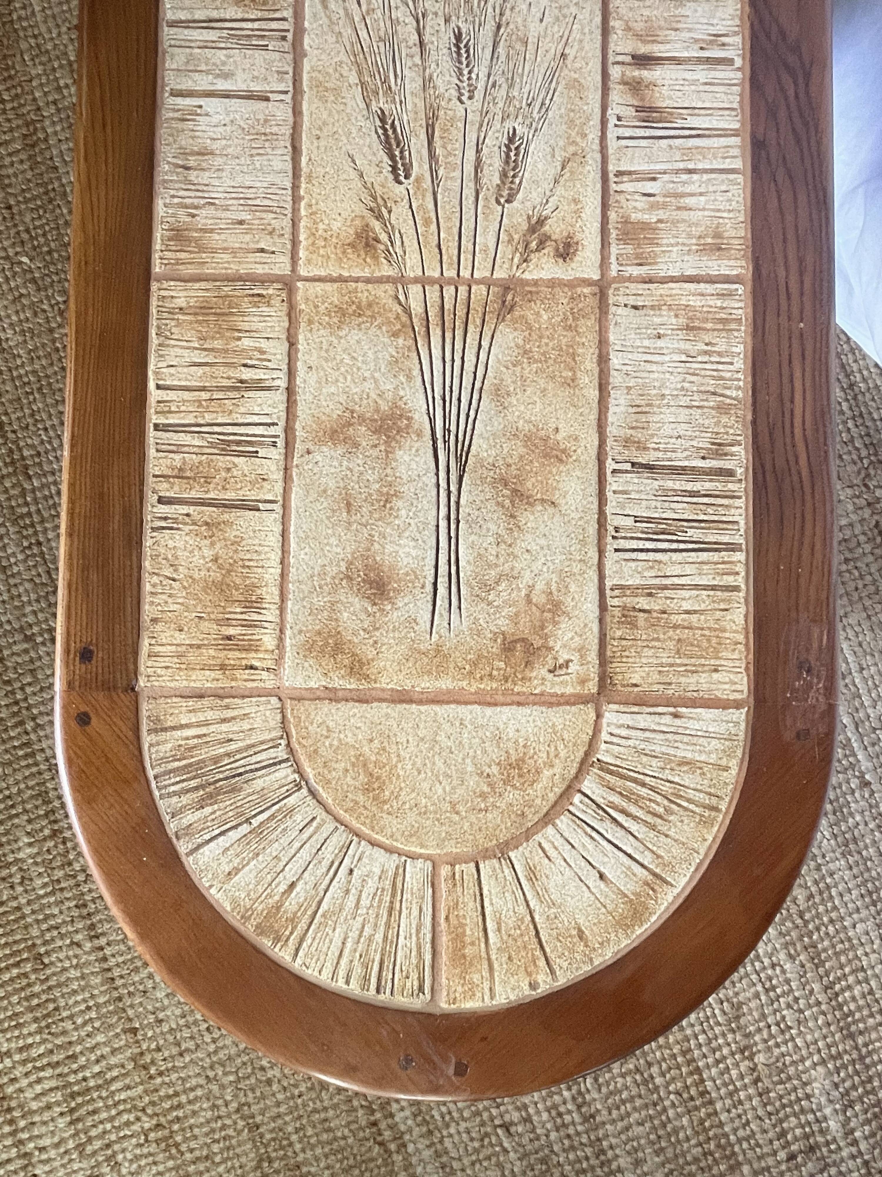 Ceramic and solid wood herbarium coffee table, signed