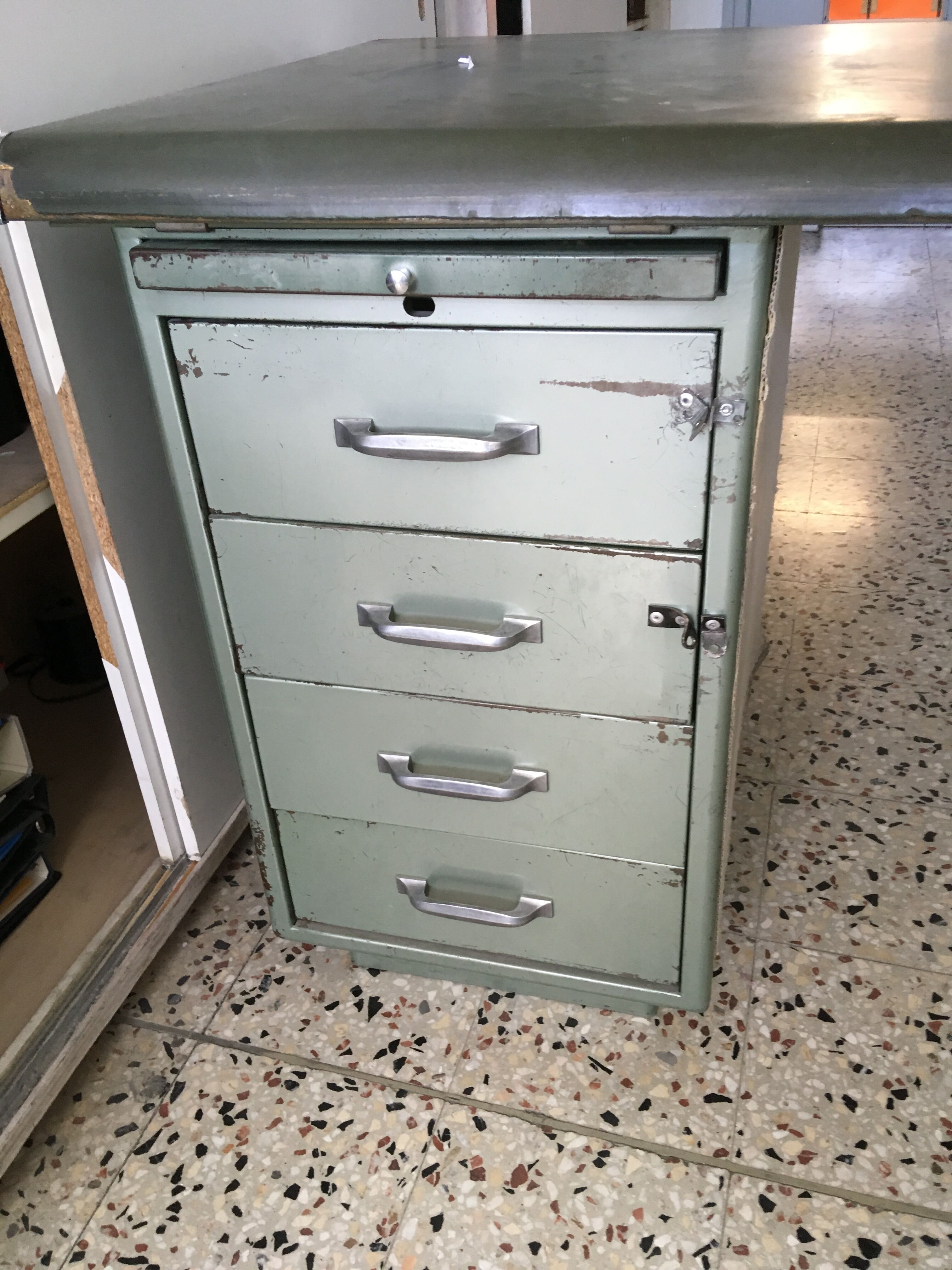 Industrial office minister green metal workshop double drawer box