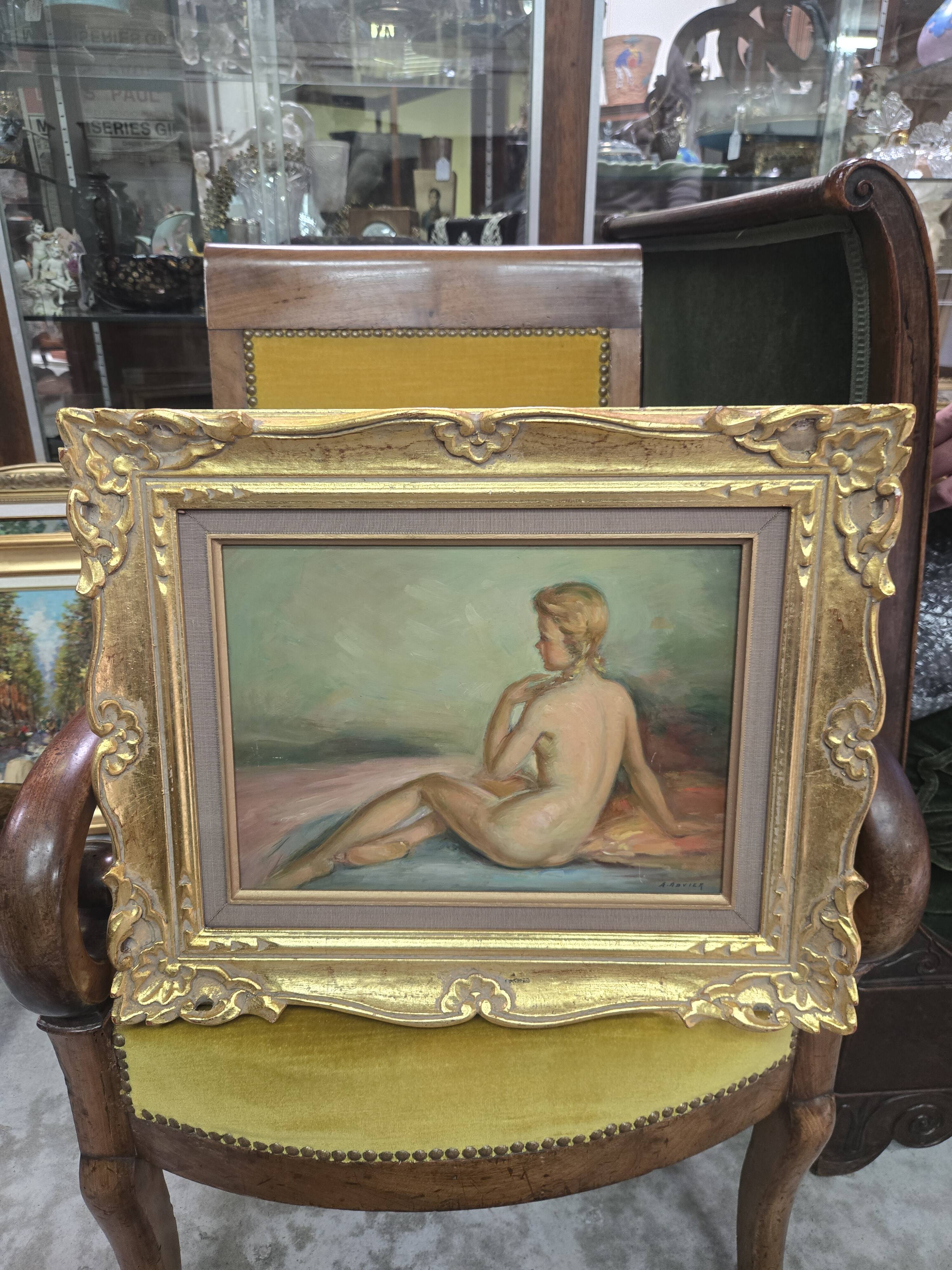 A Boyer: Oil on panel depicting a seated female nude from behind.