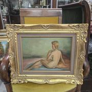 A Boyer: Oil on panel depicting a seated female nude from behind.