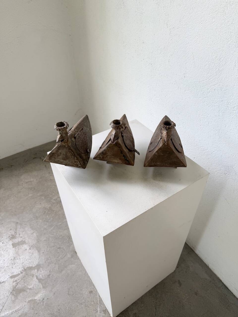 Series of three brutalist Folk Art candle holders