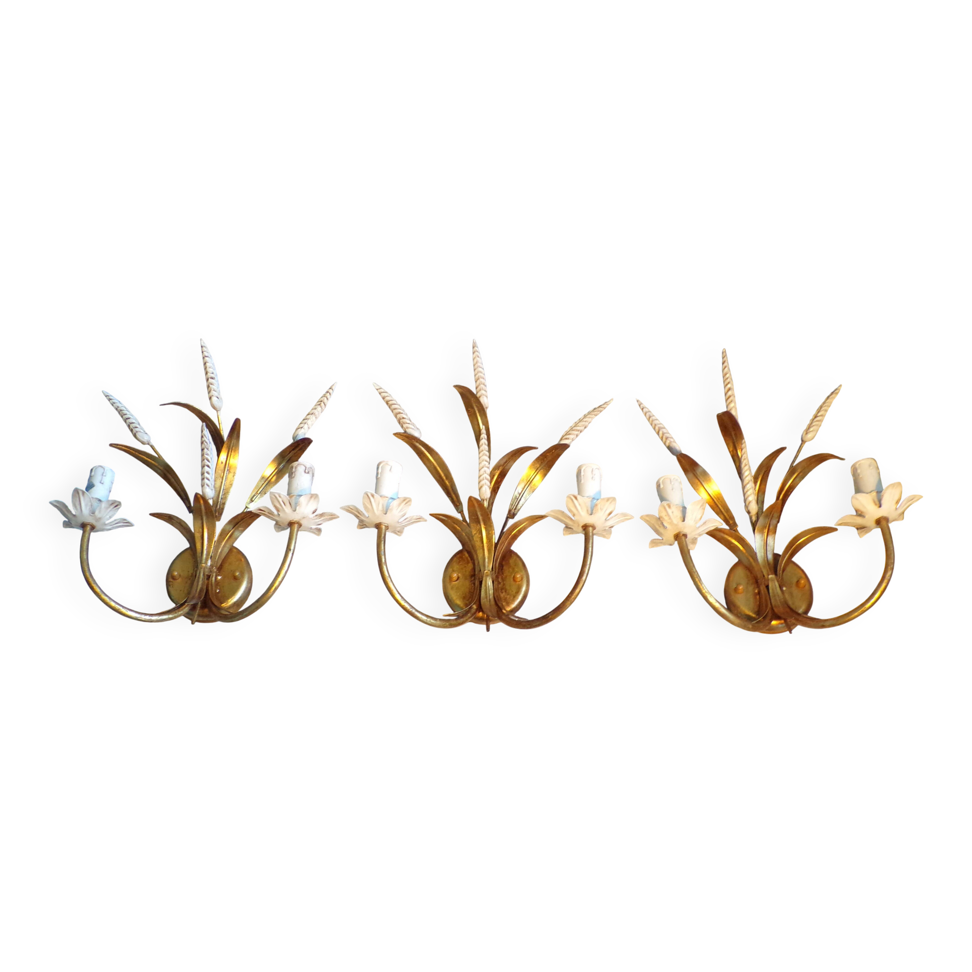 Trio of golden iron wheat ear wall lights