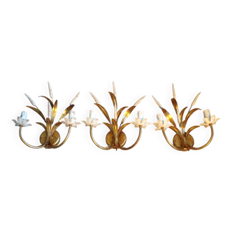 Trio of golden iron wheat ear wall lights
