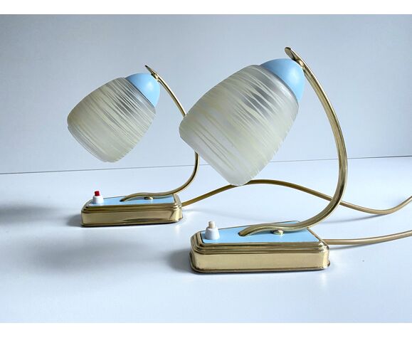 Paire de lampes de table vintage années 50, bleu, laiton, opaline