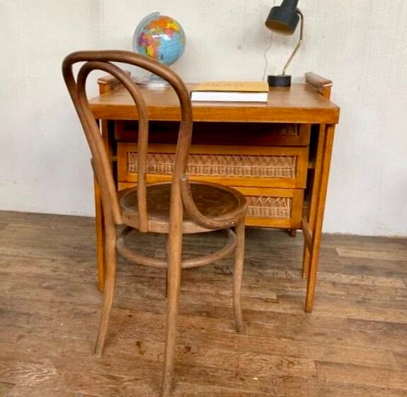 Modernist vintage chest of drawers in light chene has 3 drawers rattan top changing table