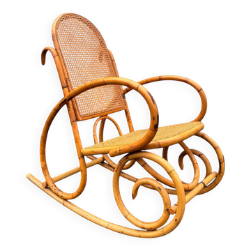 Rocking-chair vintage en bambou et cannage