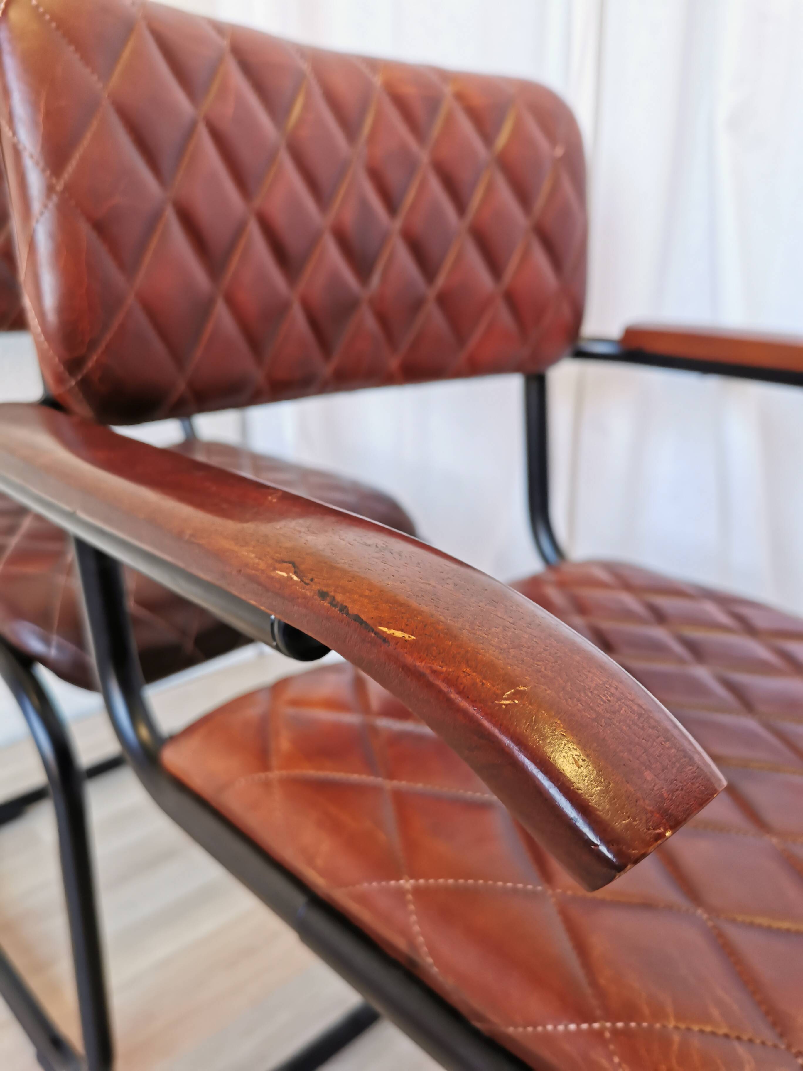 Set of 4 Vintage Quilted Leather Dining Chairs: Black Metal Base