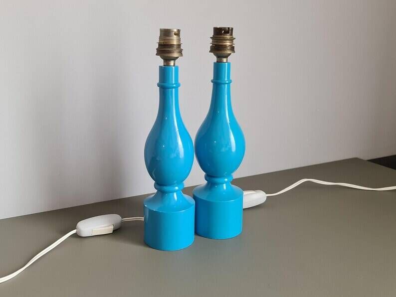 Pair of Philippe Capelle turquoise lacquered wooden table lamps MCM 1970s