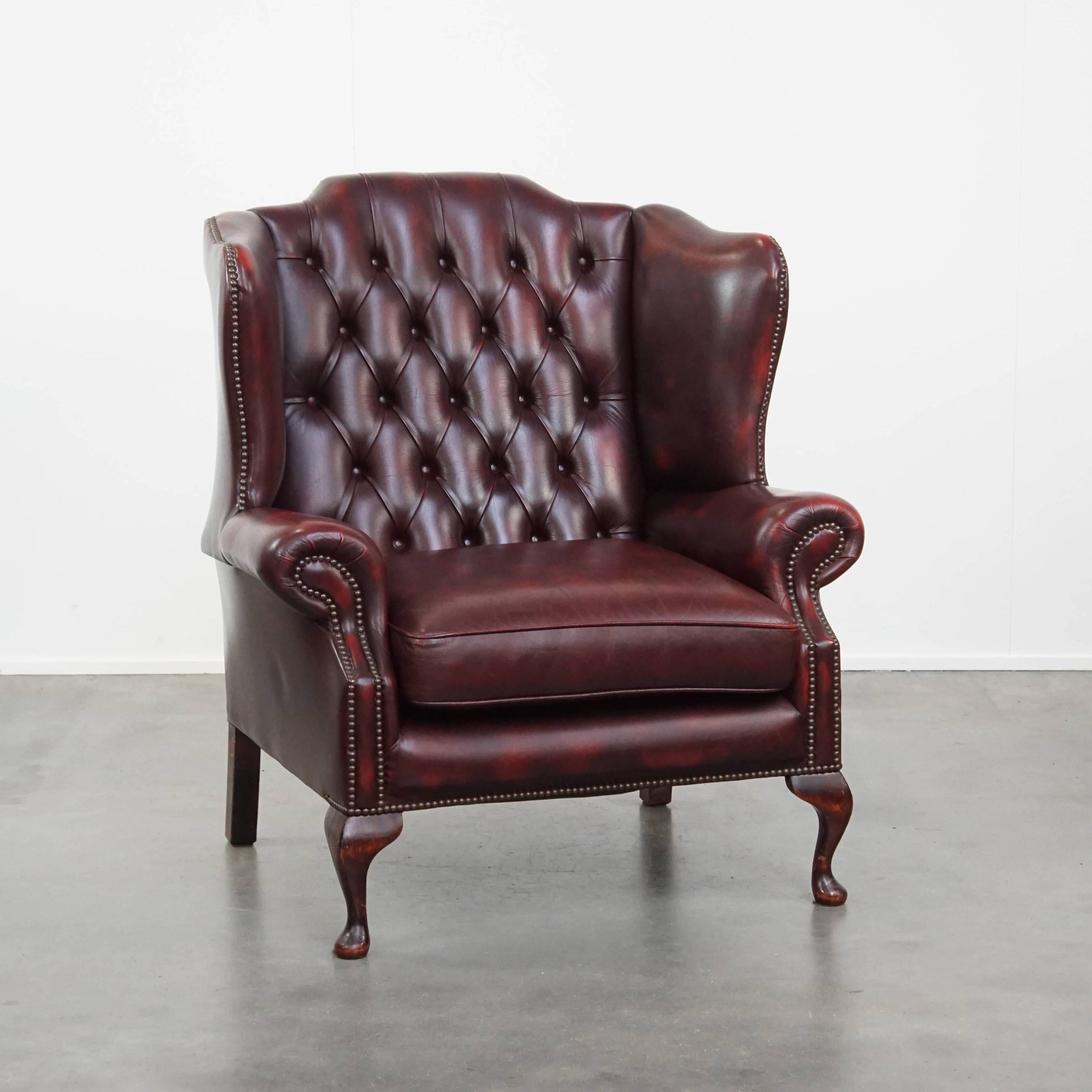 Red Cowhide Leather English Chesterfield Wingback Chair