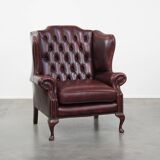 Red Cowhide Leather English Chesterfield Wingback Chair