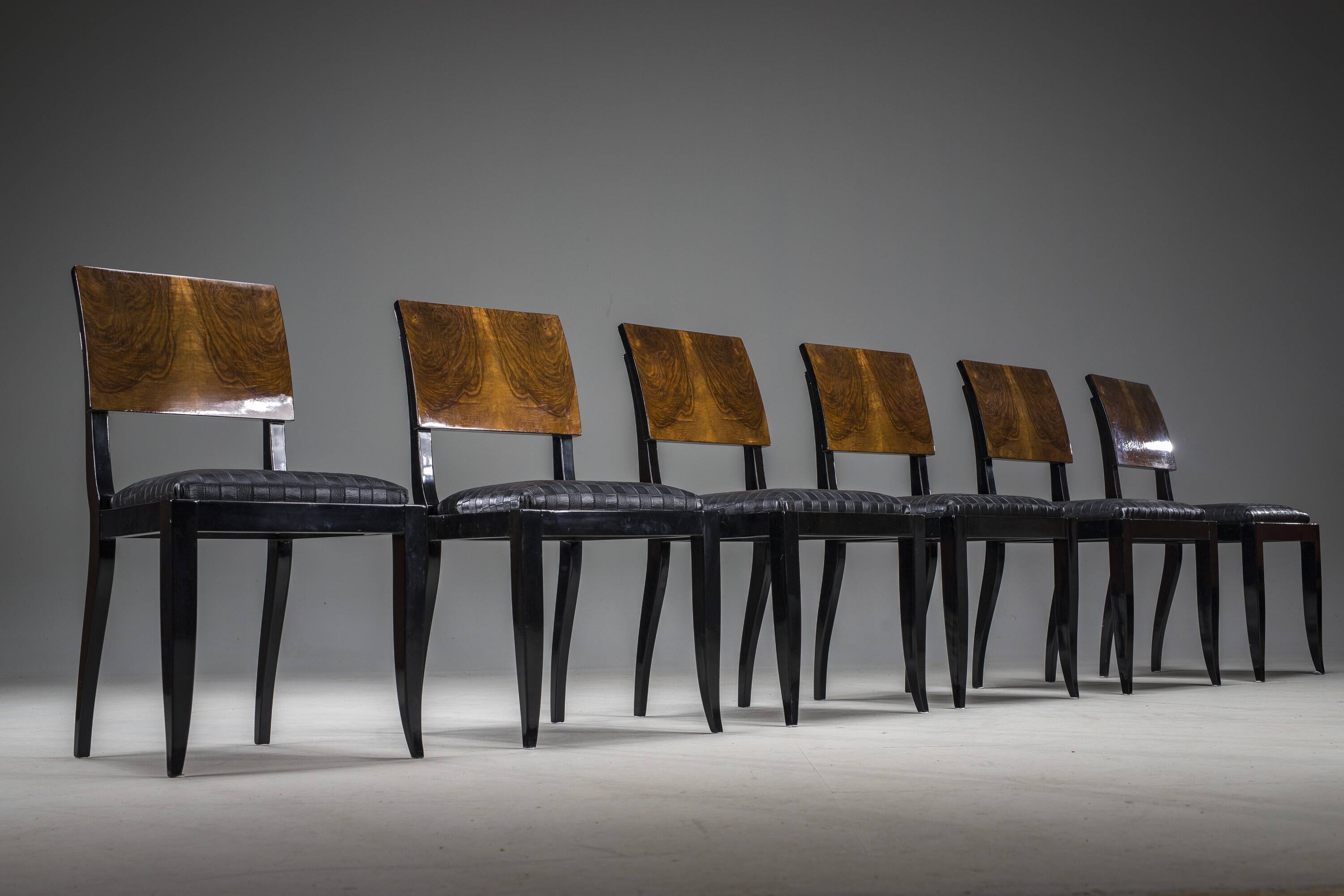 Art Deco French Walnut & Burl Dining Set, 1930s, Set of 7