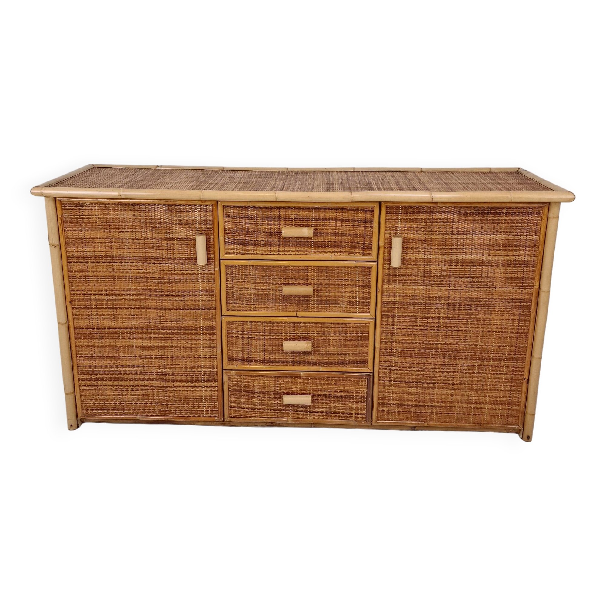 Italian Bamboo and Rattan Chest of Drawers or Credenza, 1980s