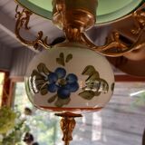 Old green opaline chandelier, gold metal and earthenware