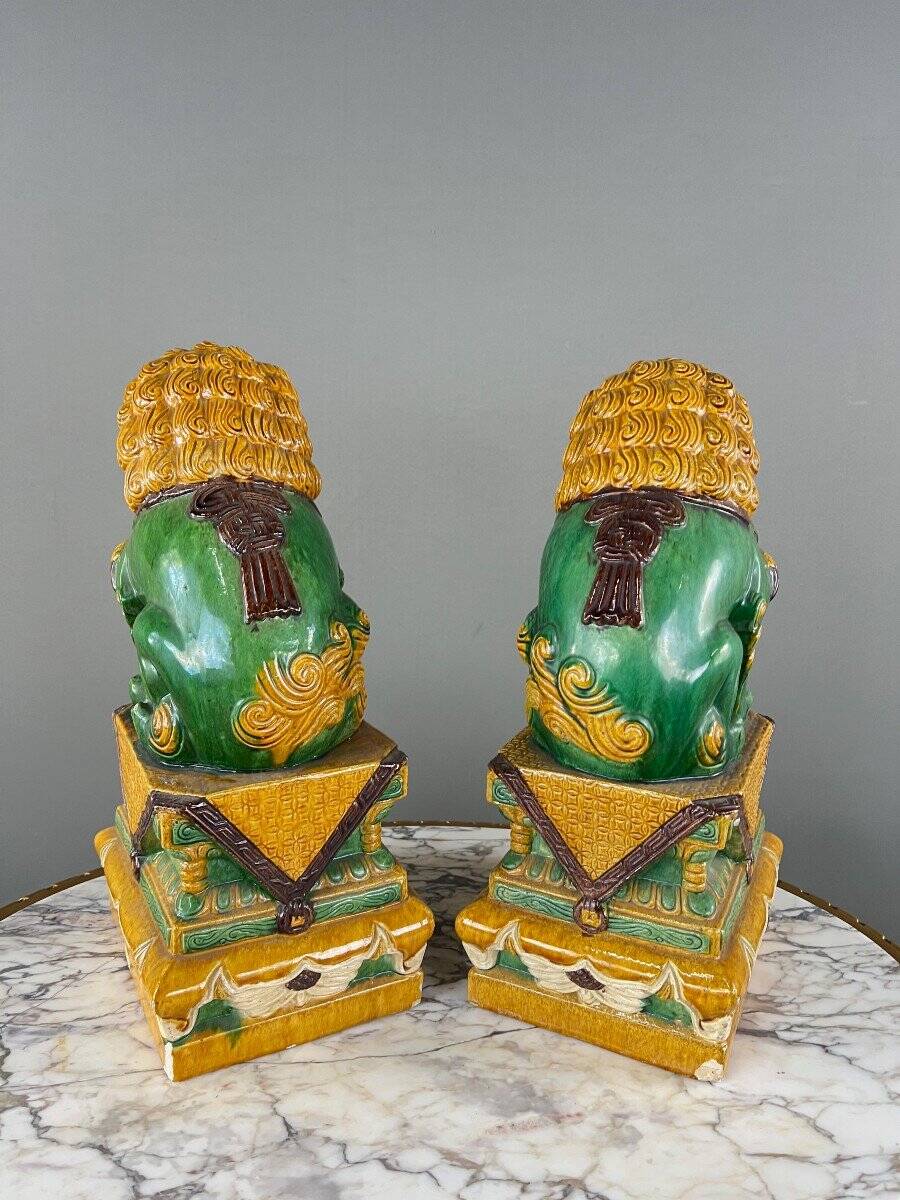 Pair of Guardian Lions in Glazed Ceramic, China, 20th Century
