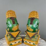Pair of Guardian Lions in Glazed Ceramic, China, 20th Century