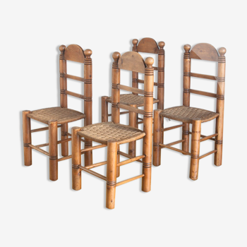 Ensemble de 4 chaises vintage en bois et corde, espagne, 1940
