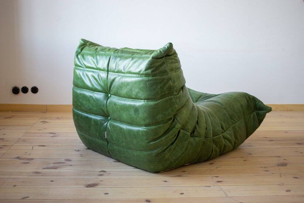 Dubai green leather Togo lounge chair by Michel Ducaroy for Ligne Roset