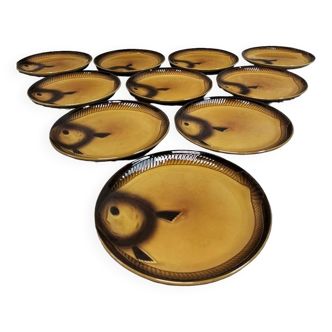 Lot de dix assiettes à poisson Moulin des Loups.