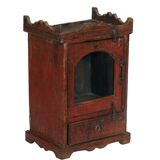 Massive Indian red display case, patinated bedside and original piece of teak wood