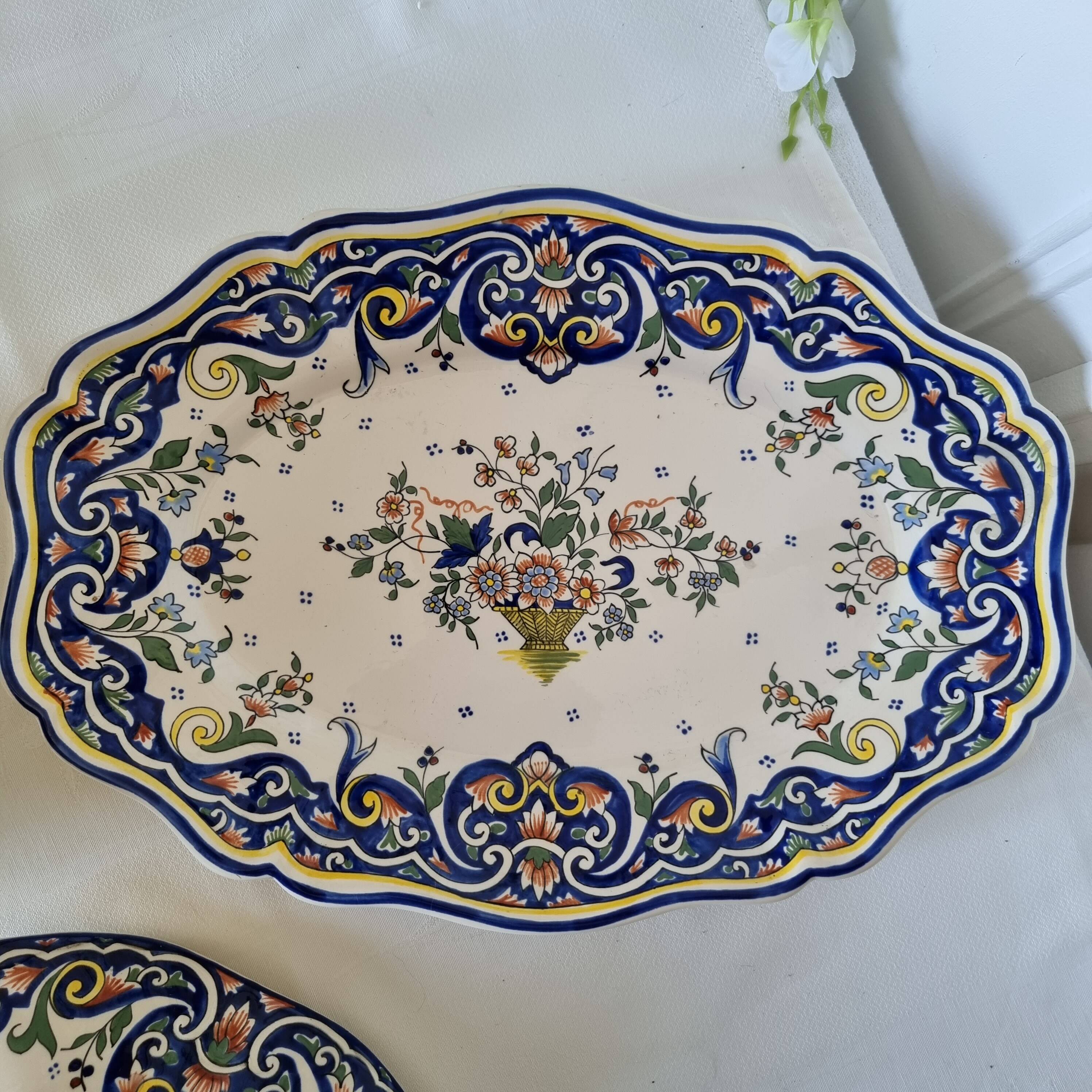 Vintage Rouen porcelain soup tureen with underplate, hand-painted