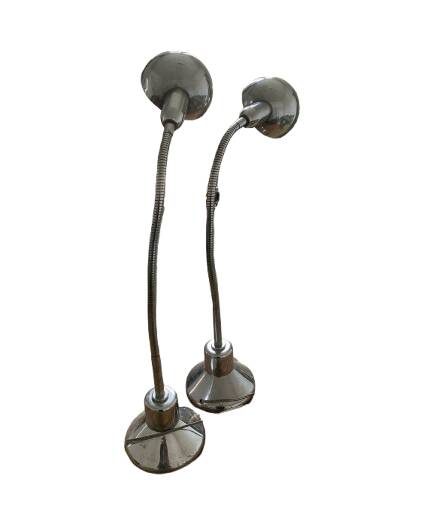 Pair of vintage chrome metal desk lamps with adjustable goosenecks.