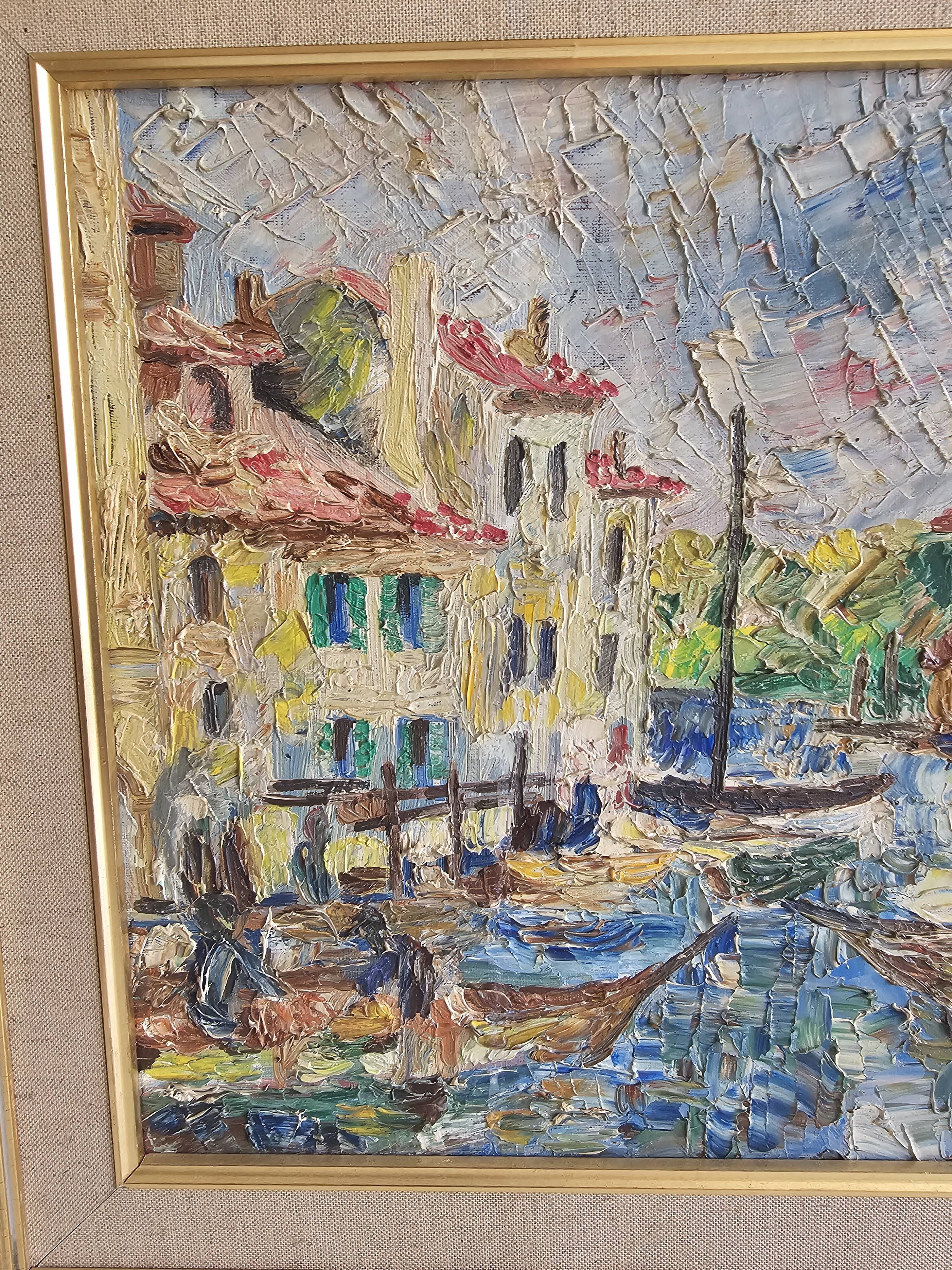 Oil painting on canvas Landscape - Port of Martigues signed Michel 1961