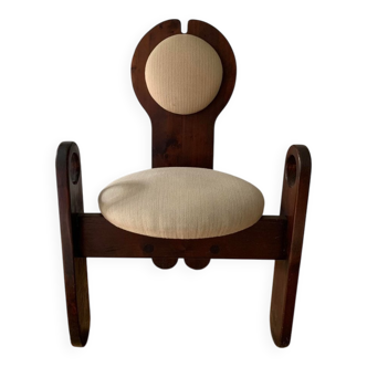 Vintage dining chair in stained brown pine with beige fabric, design by Szedleczky 1960–70.