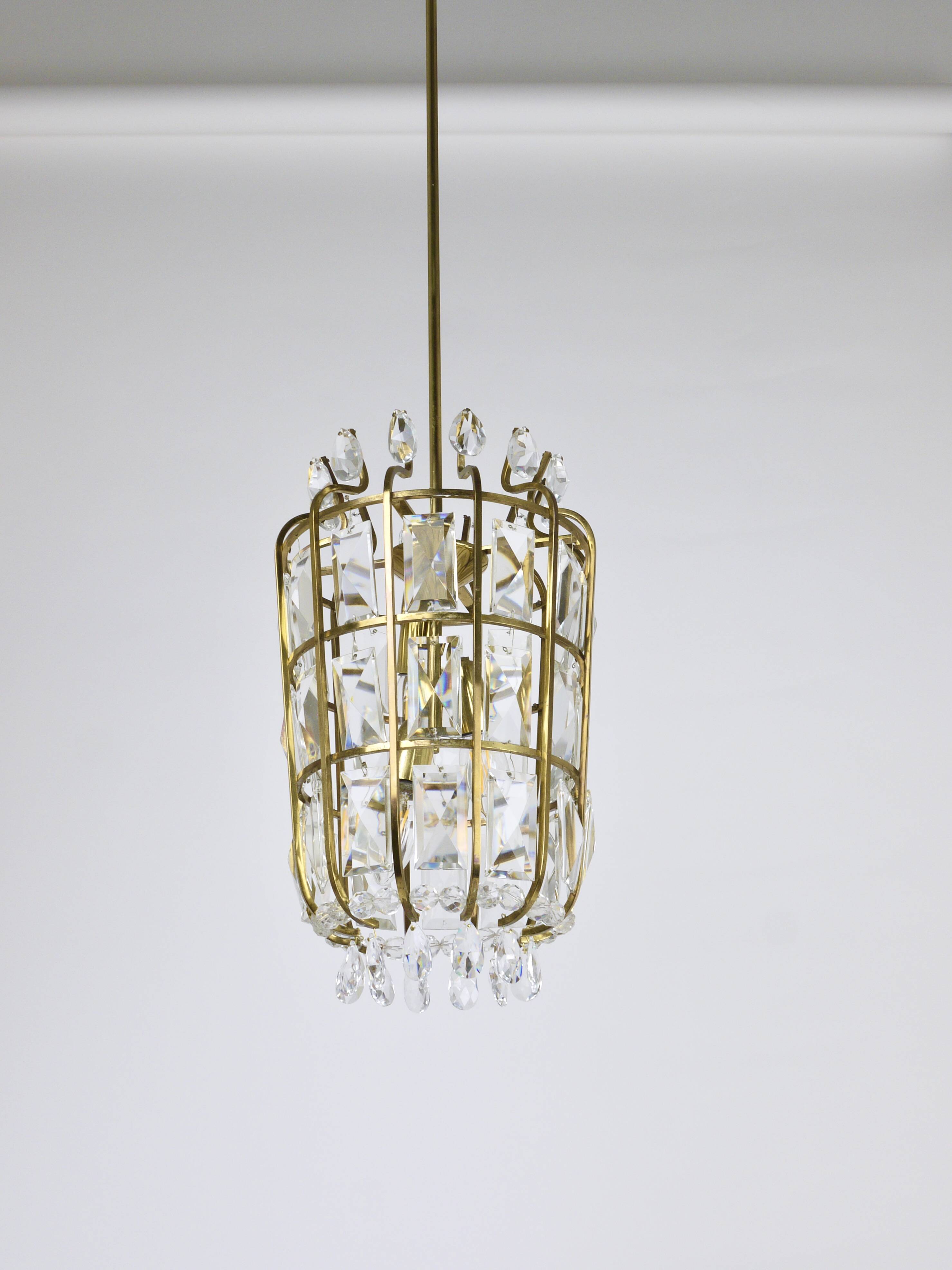 Bakalowits Vienna Brass & Crystal Chandelier Lantern Pendant Lamp, Austria, 1950