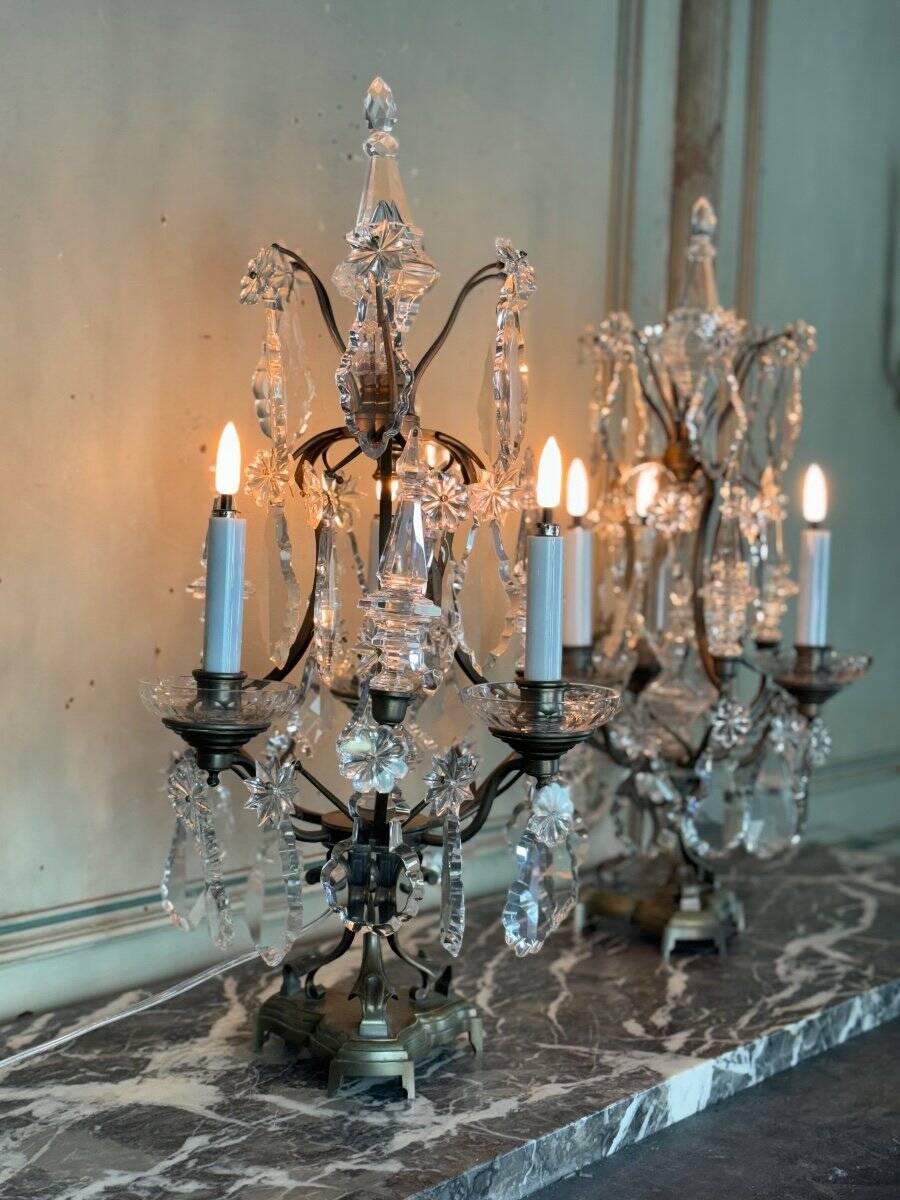 Pair of bronze and cut crystal girandoles circa 1900