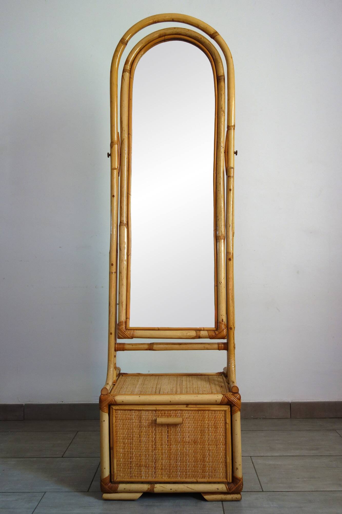 Woven wicker and bamboo full-length mirror, 70s/80s.