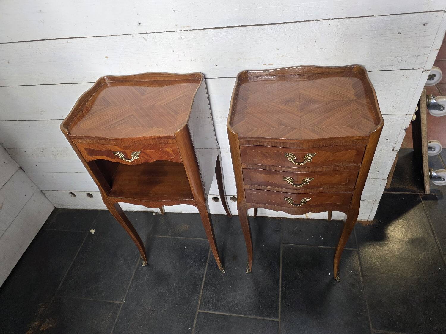Pair of Louis XV style bedside tables in marquetry