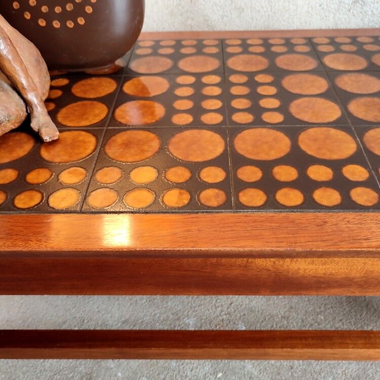 Coffee table in blond mahogany and ceramic tiles, 60s