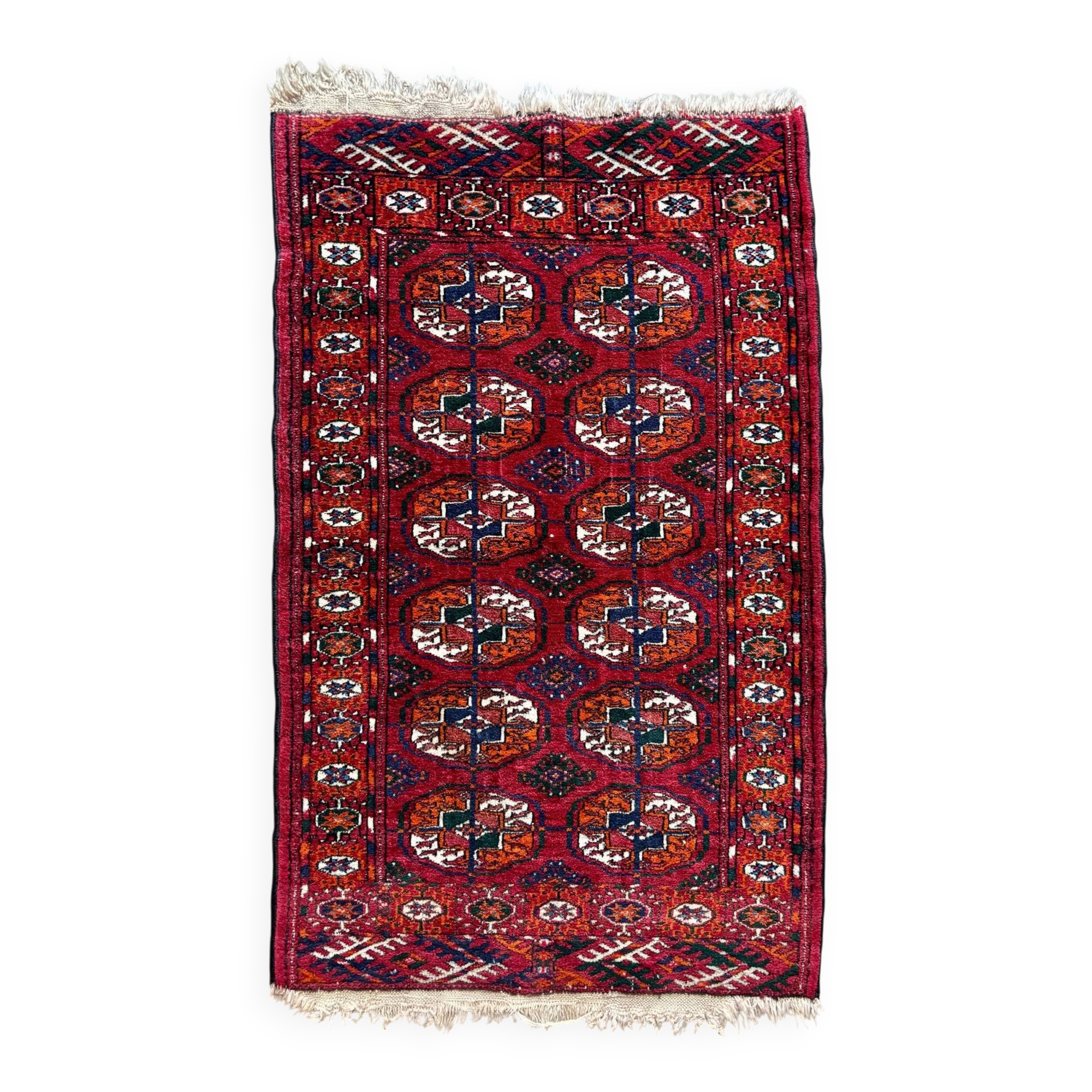 Bukhara rug with 12 panels in wool and burgundy silk, 88 x 54 cm.