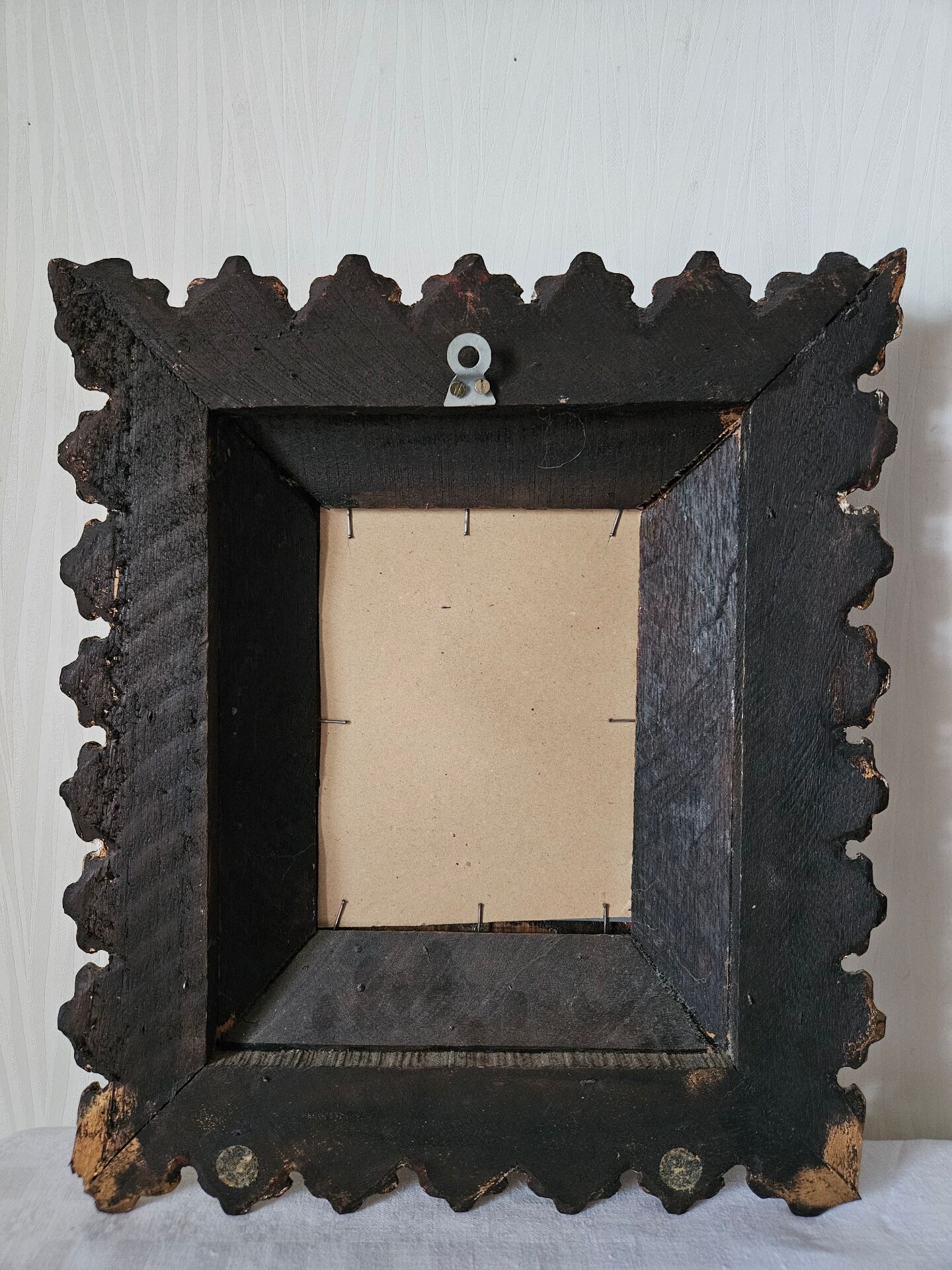 Vintage ethnic mirror, handcrafted golden wood, 1950.