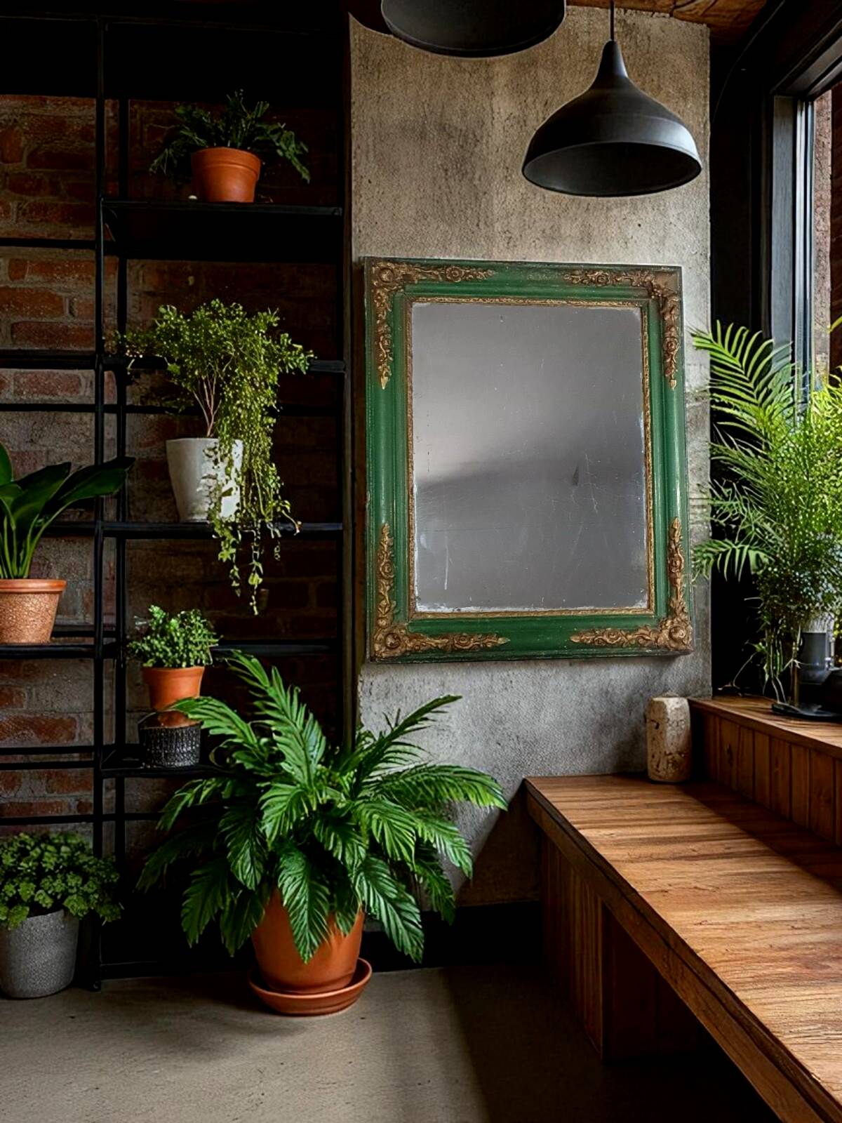Antique mirror with green and gold stucco wood frame 73x62 cm C626