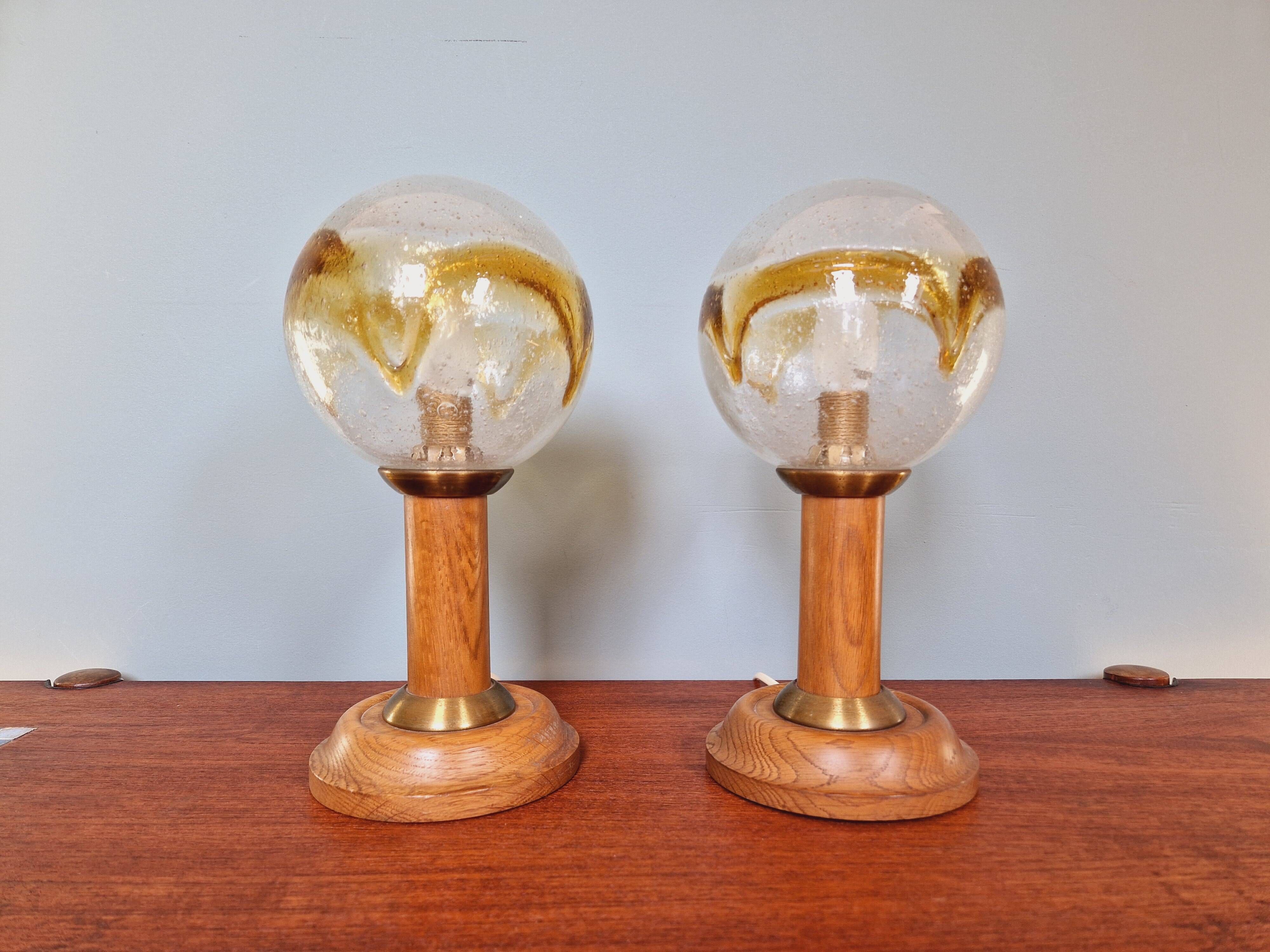 Pair of wooden and blown glass lamps, Honsel Leuchten, 1970s