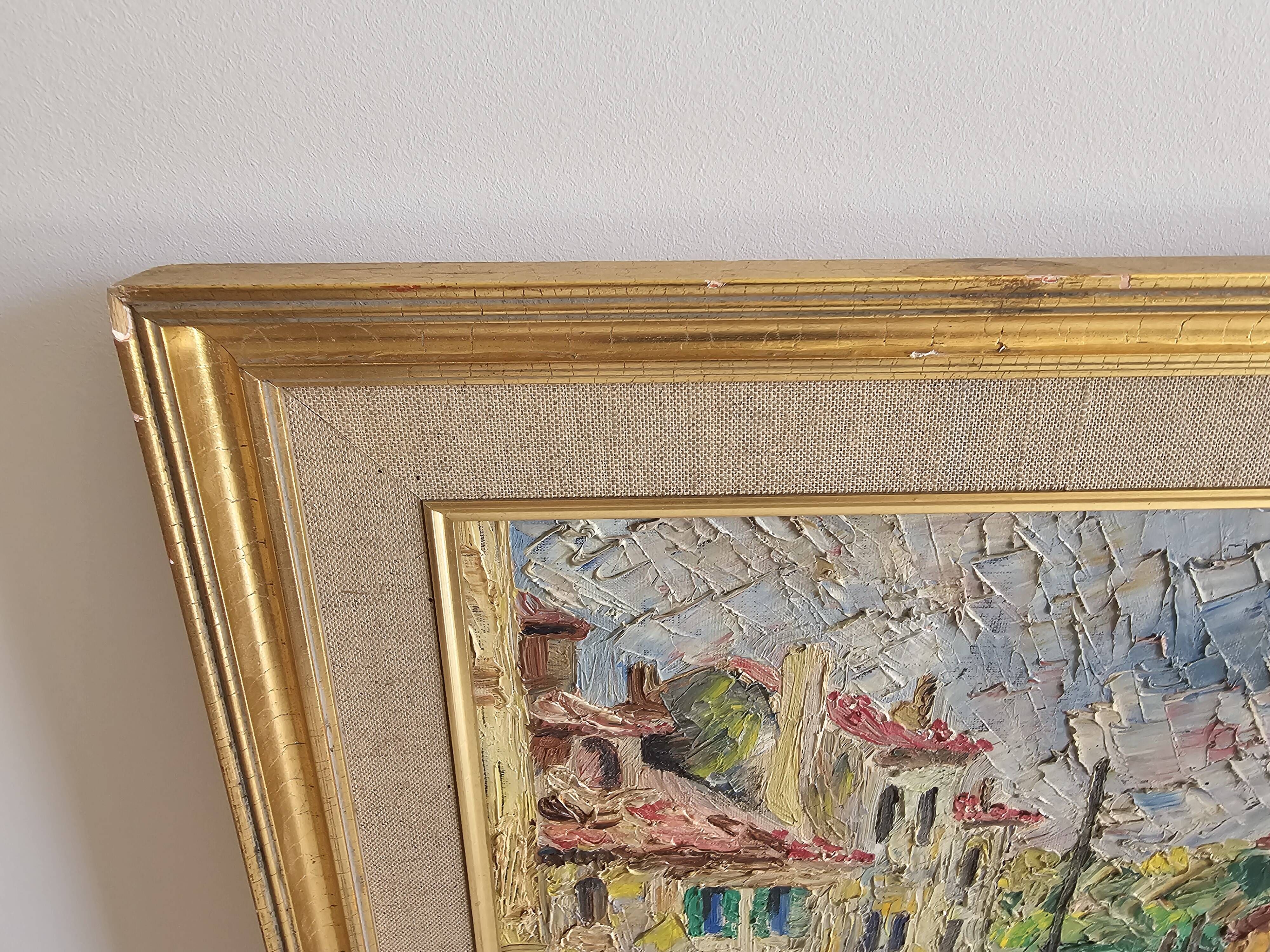 Oil painting on canvas Landscape - Port of Martigues signed Michel 1961