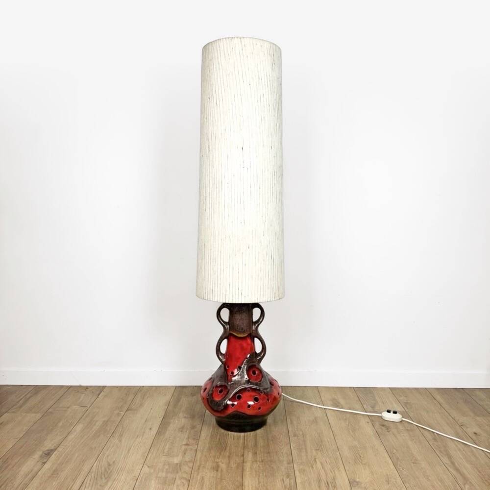 Orange ceramic sun lamp with jute fabric from the 1970s.